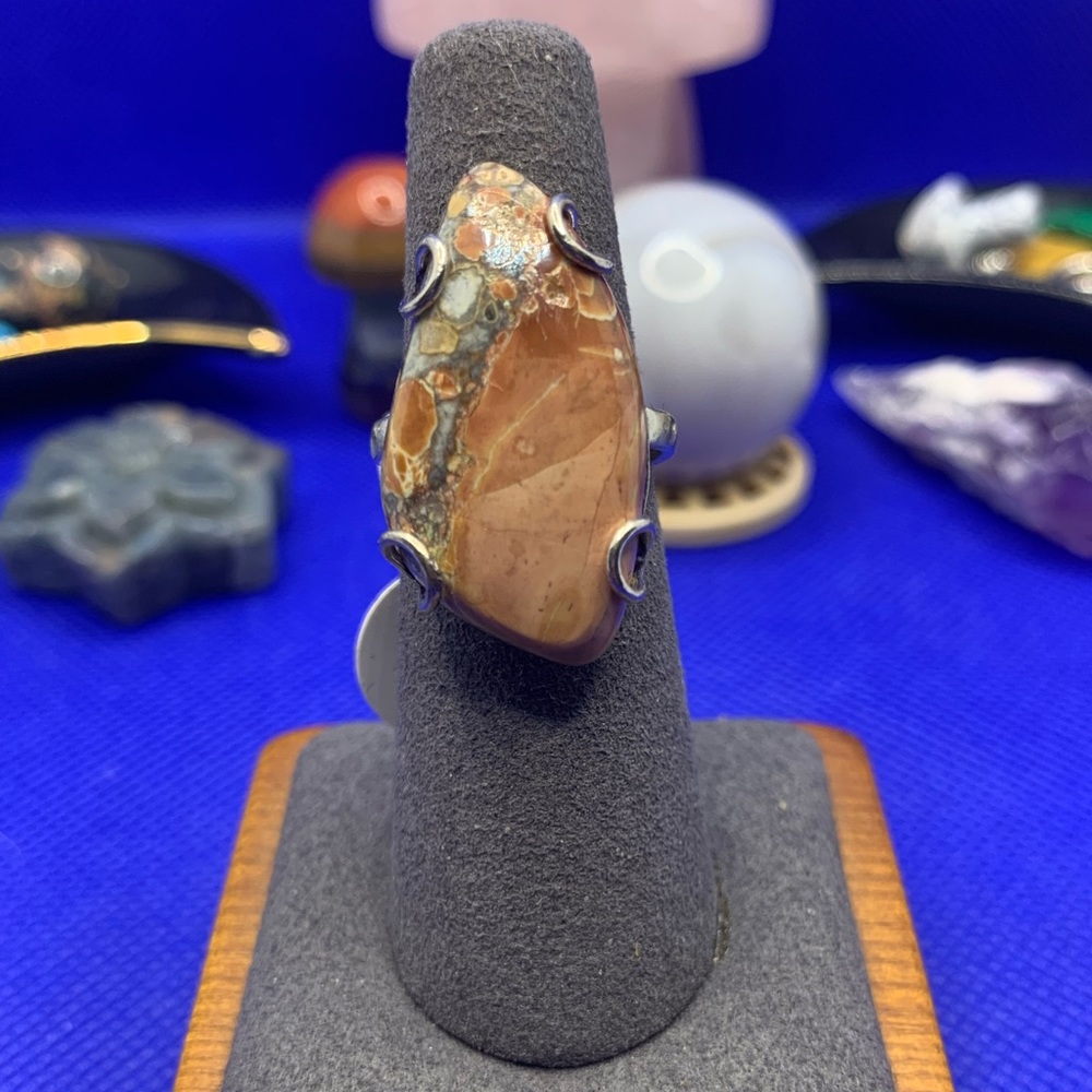 Fun Freeform Brecciated Jasper Ring! .925 Sterling Silver Overlay, Size 7
